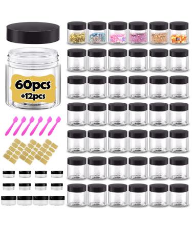 2 oz Plastic Containers with Lids 60pcs Plastic Jars with Lids + 3/5/10 Gram 12pcs Sample Containers Travel Jar Great for Travel,Lip Scrub,Body Butters,Cream,Lotion Free Labels & Spatulas (72 Pack) 2OZ+3/5/10g- 72 PACK Black Lid