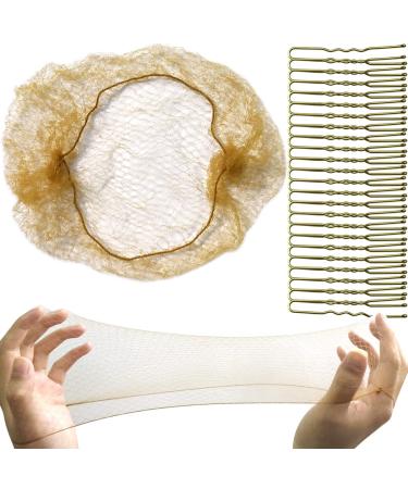 Tenalleys Ballet Hair Bun Cover  50Pieces 50cm Nylon Invisible Hairnet Invisible Elastic Edge Mesh  50Pcs U Shaped Pins fits Food Service  Ballet Bun Wig and Women(Light Linen)