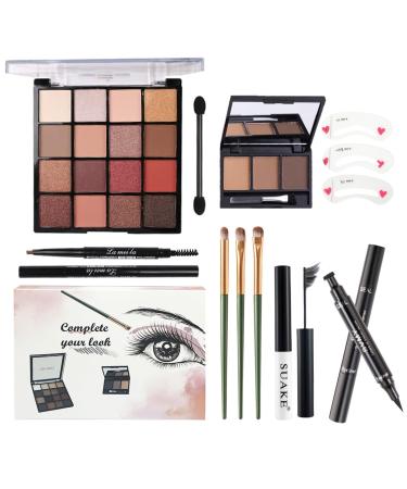 All in One Makeup Kit For Girls - 16 Colors Naked Eyeshadow Palette 3Pcs Makeup Brushes Waterproof Eyeliner Pencil Eyebrow Powder Eyebrow Pencil Mascara Women and Beginners Teens Makeup Gift Set