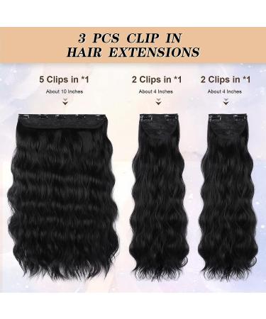 DeeThens Black Wavy Clip in Hair Extensions for Women - 3pc Synthetic Hairpiece, 20 Inch Invisible Wavy Clip Extensions - Black - Buy Online on GoSupps.com