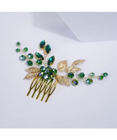 Teyglen Bridal Gold Hair Comb with Green Flower Rhinestones - Vintage Crystal Bride Hair Accessory - Buy Online on GoSupps.com