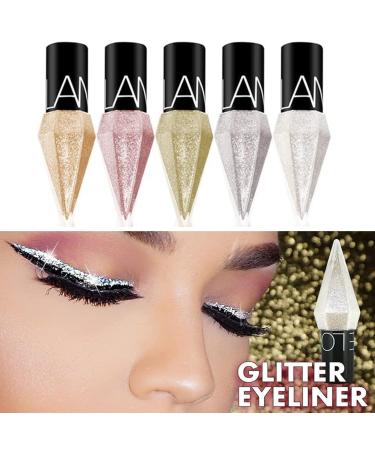 5 Colors Liquid Glitter Shiny Eye Liner Cosmetics High Pigment Shimmer Sparkling Silver Metallic Eyelin Colorful Pearlescent Long Lasting Eye Liner for Wedding Party Cosplay Eye MakeUp