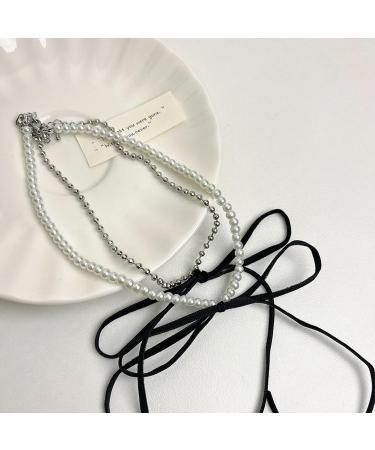 Oralgos Vintage Bowknot Necklace - Elegant Double-Layer Pearl Choker | Aesthetic Collarbone Chain Fashion Jewelry - Buy Online on GoSupps.com