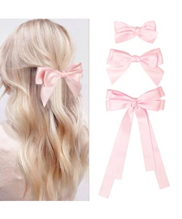 Bolonar Pink Hair Bows for Women Girls 3Pcs  Cute Satin Bowknot Hair Clips Pink Ribbon Bows Alligator Hair Clips Pink Hair Accessories for Girls Toddlers Women Hair Barrettes