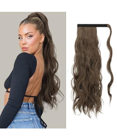 FESHFEN Long Wavy Ponytail Extensions 60cm Body Wavy Wrap Around Hair Ponytails Curly Clip in Synthetic Hairpieces for Women Girls Dark Brown & Caramel 60 cm (Pack of 1) 4/27# Dark Brown & Caramel
