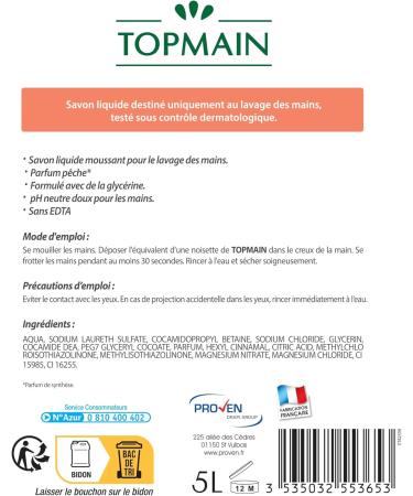 TOPMAIN - Savon main liquide - Formule nettoyante et d graissante - doux et hydratant - Parfum p che - 5L - Fabrication fran aise Unique - Buy Online on GoSupps.com