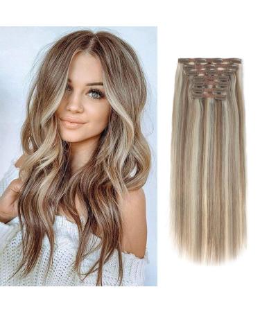 Lovrio 9A Grade Clip in Hair Extensions Human Hair, Piano Color Ash Brown/Light Chestnut Brown Fading to Platinum Ash Blonde P8/60, Silky Straight Invisible Hair 18 inch 120g 7 pieces 18 clips 18 Inch(120g) P8/60