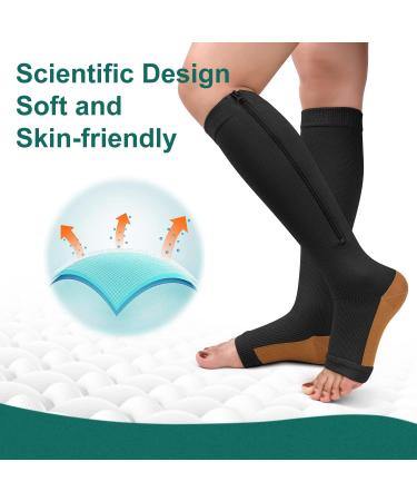 Copper Zipper Compression Socks 15-20mmHg - 2 Pairs, Open Toe Support, Black, Large-X-Large - Buy Online on GoSupps.com
