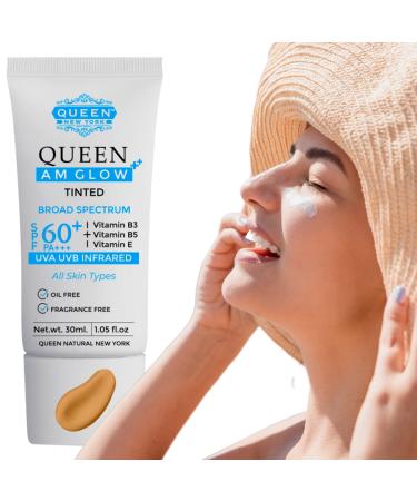 QUEEN AM GLOW | TINTED SunScreen SPF 60 PA+++Primer-Anti Aging  Face Moisturizer- Vitamin B3  B5  E- Non-Greasy  Silky Touch  Instant dry-oil free  fragrance free by QUEEN NATURAL NEW YORK (Pack of 1)