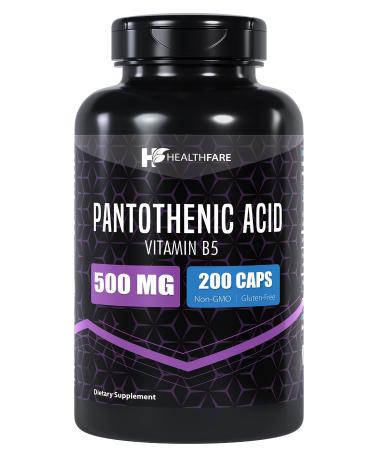 Healthfare Pantothenic Acid (Vitamin B5) 500mg | 200 Capsules | Supports Energy Levels, Skin & Hair Health | Non-GMO | Made in The USA