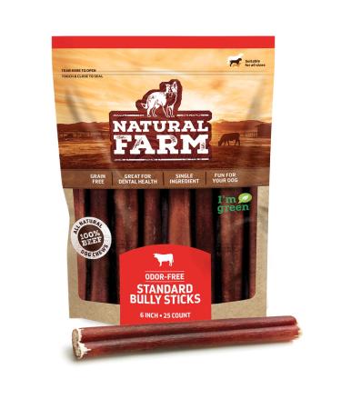 Natural Farm Bully Sticks- Odor Free - 100% Beef Chews, Grass-Fed, Non-GMO, Fully Digestible Dental Treats to Keep Your Small and Medium Dogs Busy and Happy 6", 25-units (1.3lb Bag)