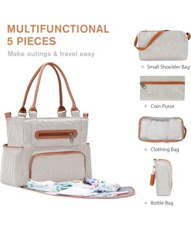 SONARIN 7pcs Nappy Changing Bag Set Multifunction Mummy Tote Bag Baby Changing Bag Shoulder Handbag Travel Diaper Bag with Bottle Bag Changing Mat and Stroller Straps white stripped(Khaki) - Buy Online on GoSupps.com