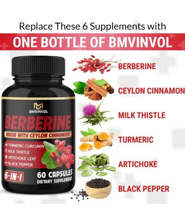 (3 Packs) Berberine Supplement Plus Ceylon Cinnamon Milk Thistle Turmeric Artichoke Leaf Black Peppe - 6 Month Supply - 180 Capsules Total - Buy Online on GoSupps.com