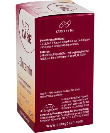 Meta Care L-Glutamine Vegan High Dose Supplement | Biotin & Fennel Seed Extract | 60 Capsules for Optimal Health - Buy Online on GoSupps.com
