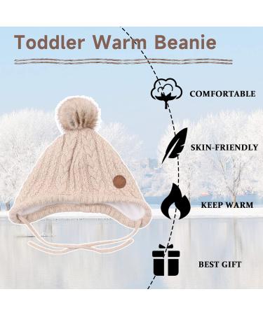 XIAOHAWANG Winter Baby Hat with Velvet Lining and Pompom | Toddler Kids Beanie for Girls and Boys 6-18 Months - Beige - Buy Online on GoSupps.com