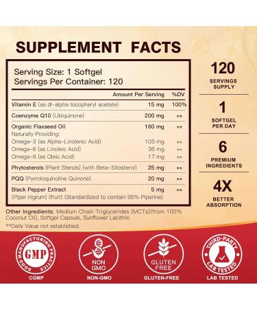 CoQ10 200mg Softgels with Vitamin E & Omega 3-6-9 | High Absorption Coenzyme Q10 with Bioperine | Antioxidant & Heart Support Supplement | 120 Servings - Buy Online on GoSupps.com
