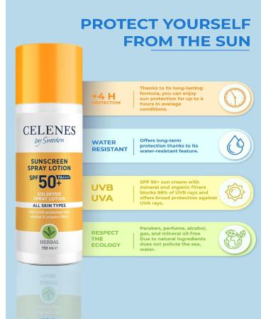 Celenes by Sweden Herbal Sun Protection Spray SPF50+ Organic and Mineral Protection for All Skin Types 150 ml Waterproof Parabens or Alcohol Free - Buy Online on GoSupps.com