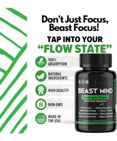 Beast Mind Focus Clarity Nootropic Blend | Ginkgo Biloba | Huperzine A | Rhodiola | Citicoline | L-Theanine | Enhanced Focus & Clarity & Cognitive Function Labs - Buy Online on GoSupps.com