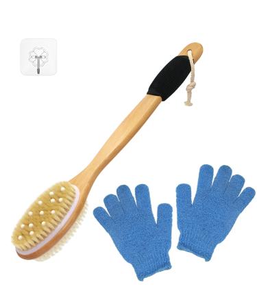 Wonderwin Double-Sided Long Handle Wooden Body Brush with Stiff and Soft Bristles, Back Scrubber for Shower, Exfoliating Brush to Exfoliate & Soften Skin, Dry and Wet Brushing with Exfoliating Gloves Black Non-Slip Rubber