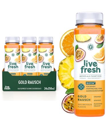LiveFresh Biotin Multivitamin Juice Gold Rausch 24x250ml With sunflower seeds and basil extract Vegan fruit juices without added sugar Incl 6 deposit Golden noise 250 ml 24er Pack