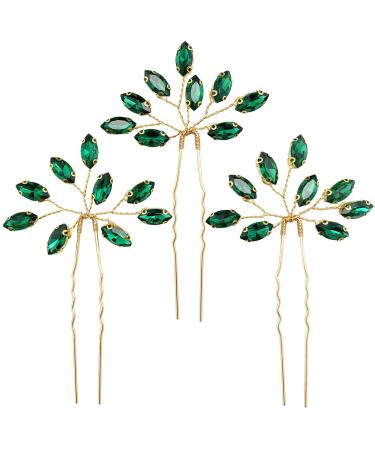PRETTYLIFE Crystal Bridal Hair Pins 3 Pieces Rhinestone Flower Headpieces Wedding Hair Accessories for Bride Bridesmaids Women (Emerald Green)