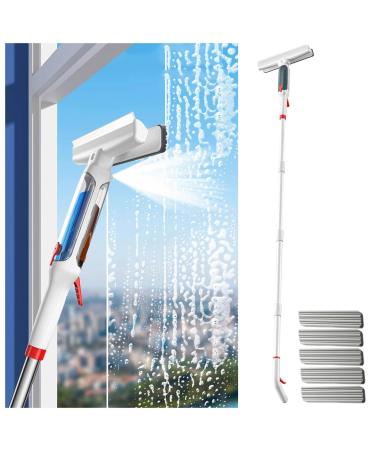 RRRYYYZZ 75'' Spray Window Cleaning Kit with 4-Section Extension Pole 4 in 1 Shower Squeegee for Tile Shower Walls Shower Squeegee with Sewage Collector and 5 Pads
