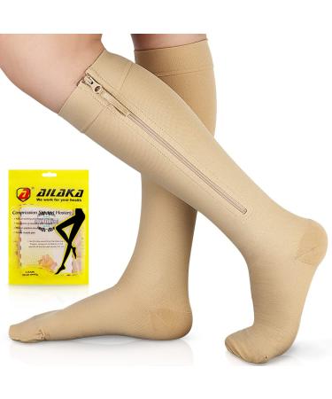 Ailaka compression stockings with zipper for women men 20-30 mmHg medical class 2 compression socks support stockings with zipper for varicose veins edema recovery pregnant 5x large (1 pair) Bejge