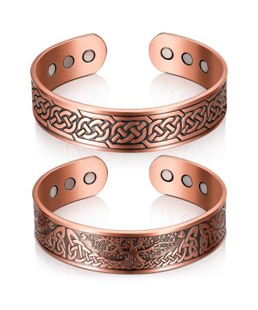 Otuuz 2 pieces 99.99% copper magnetic tapes 3500 Gauss copper bracelet with 9 magnets massive copper bangled cuff bracelets with tree and Celtic design for men 2 styles
