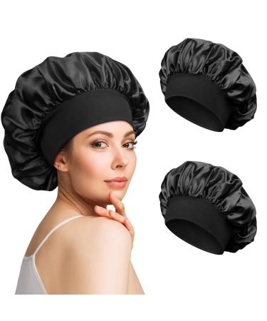 2pcs Satin Bonnet Silk Bonnet for Curly Hair Hair Bonnet Silk Hair Wrap for Sleeping Night Sleep Cap for Women (Black)
