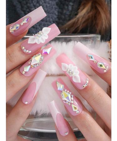 verysparkling 24pcs Pink Flowers Coffin Fake Nail Rhinestone 3D Flower Press on Nails Pink Flowers Coffin Nails Luxurious Nails Acrylic Nails Fake Nails For Women Girls
