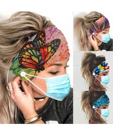 Olbye Boho Button Headbands Wide Butterfly Stretch Hair Bands for Nurse Bandana Yoga Running Athletic Head Band Mask Holder Turban Head Scarfs Hair Accessories for Women and Girls 4Pcs