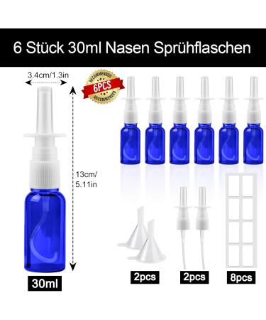 Furuising 6-Pack 30ml Glass Nasal Spray Bottles - Reusable Blue Empty Spray Bottle Set with Labels Nozzles & Funnel for Perfume Essential Oils & Saline Solution - Buy Online on GoSupps.com