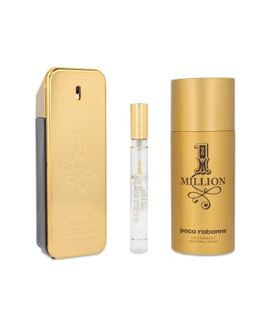 Paco Rabanne One Million 3-Piece Gift Set for Men (3.4 Oz Eau De Toilette Spray + 5.1 Oz Deodorant Spray + 0.33 Oz Travel Spray) 2.94 Ounce (Pack of 3)