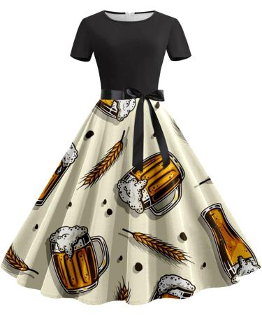 Women Summer Casual Round Neck Short Sleeve Dress Removable Belt Oktoberfest Print Casual Women's Long Casual Beige Small - Buy Online on GoSupps.com