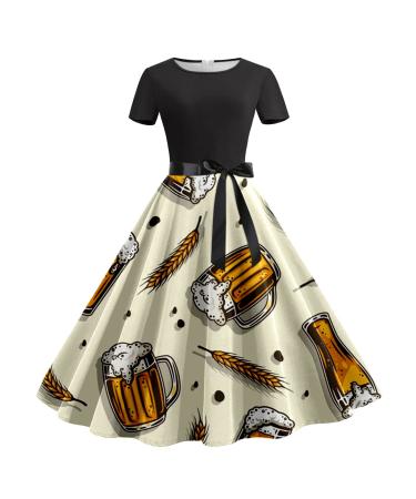 Women Summer Casual Round Neck Short Sleeve Dress Removable Belt Oktoberfest Print Casual Women's Long Casual Beige Small