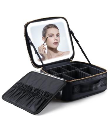 Travel Makeup Case With Lighted Mirror 3 Color Setting, Cosmetic Makeup Train Case with Adjustable Dividers Makeup Storage For Women, Makeup Accessories & Tools Case, Rechargeable,Waterproof (black)