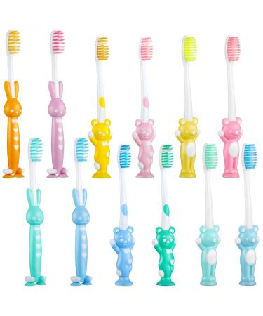 12 Pieces Kids Toothbrush Children Manual Toothbrush Set Soft Contoured Bristles for Age 3 and Above Boys and Girls Cute Colorful Toothbrush with Suction Cup (for Storage)