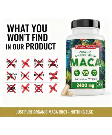 Organic Maca Root Capsules for Women & Men 2400mg per Serving - 150 Pills Black Red Yellow Maca Supplement - Gelatinized Macaroot Non-GMO Vegan by Peruvian Naturals 150 Count (Pack of 1) - Buy Online on GoSupps.com