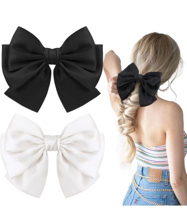 2PCS Big Satin Layered Hair Bows for Women Girls 7 Inch Black White Barrette Hair Clip Large Silk Ribbon Bows French Style Hair Accessories (Black+White) - Buy Online on GoSupps.com