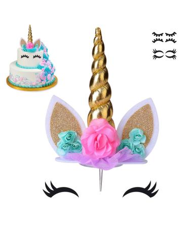 coonoe, Unicorn Cake Topper,Handmade Party Cake Decoration Supplies with Eyelashes and stack,Reuasble Gold Horn for Birthday Party,Baby Shower, Wedding