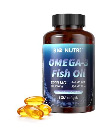 BIO NUTRI Fish Oil Omega 3 Supplements - 3000mg Fish Oil with EPA DHA - Omega 3 Fatty Acid Support - 120 Softgels