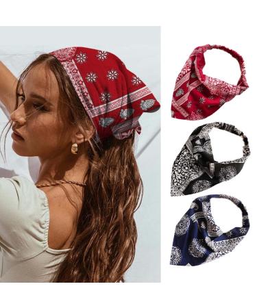 Catery Boho Hair Scarf Boho Headbands Knit Tassel Head Kerchief Turban Headbands Triangle Hair Bandana Floral Print Hair Scarves Vintage Fashion Hair Accessores for Women and Girls (Set-D)