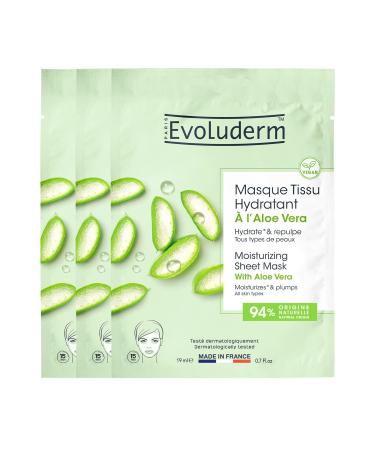 EVOLUDERM – Aloe Vera Moisturizing Tissue Mask – 19 ml – 94% Natural Origin – Vegan – Made in France – Pack of 3 x 19ml