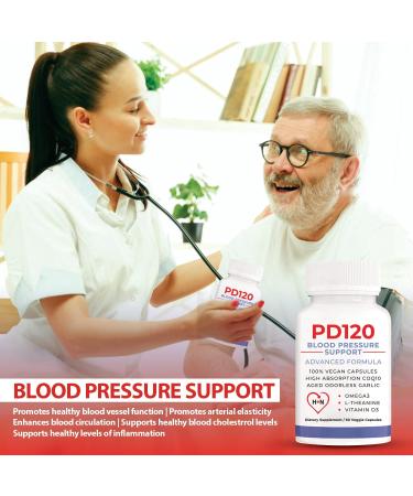 PD120 Blood Pressure Supplement to Help Reduce High Blood Pressure Naturally CoQ10 Nitric Oxide Black Odorless Aged Garlic Omega 3 L-Theanine Vitamin D3 for Blood Pressure Support - Buy Online on GoSupps.com