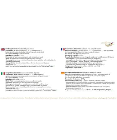 Vita World Artichoke 400mg 60 Capsules - Made in Germany | Natural Liver Support Supplement - Buy Online on GoSupps.com