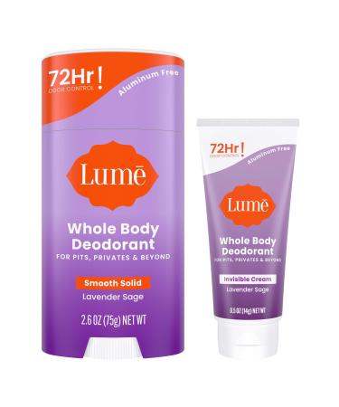 Lume Whole Body Deodorant - Invisible Cream Mini + Solid Stick Bundle - 72 Hour Odor Control - Aluminum & Baking Soda Free Skin Loving (Lavender Sage)