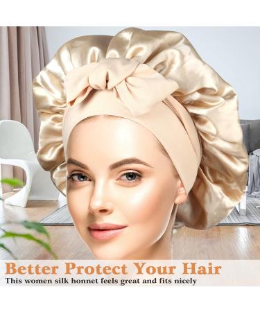Satin Silk Bonnet Sleep Cap for Curly Hair | Double Layer Hair Bonnet with Stretchy Tie Band | Gold Large for Women - Buy Online on GoSupps.com
