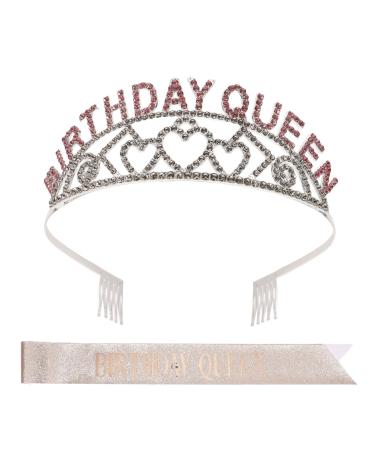 Beavorty Birthday Queen Crown and Sash Set Women Crystal Rhinestone Tiara Headband Birthday Sash for Birthday Decorations