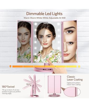 Homever Vanity Mirror with Lights - 21 Led Trifold Makeup Mirror - Touch Screen, 3X/2X/1X Magnification - 180 Rotation, Dual Power Supply - Lighted Makeup Mirror, Pink - Buy Online on GoSupps.com