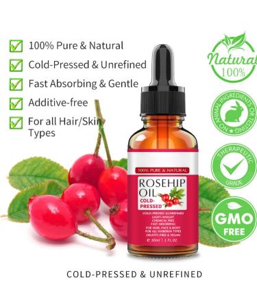 Rosehip Oil for Face 30ml - 100% Pure Organic Cold-Pressed Rose Hip Oil for Skin Body and Hair Natural Rosehip Seed Oil Nourishes and Hydrates for All Skin Types - Buy Online on GoSupps.com